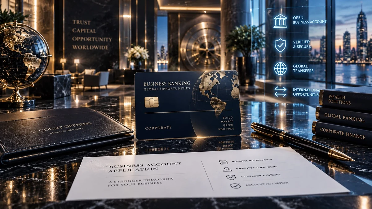 Ilustración conceptual de servicios bancarios empresariales con tarjeta, documentos y un panel luminoso