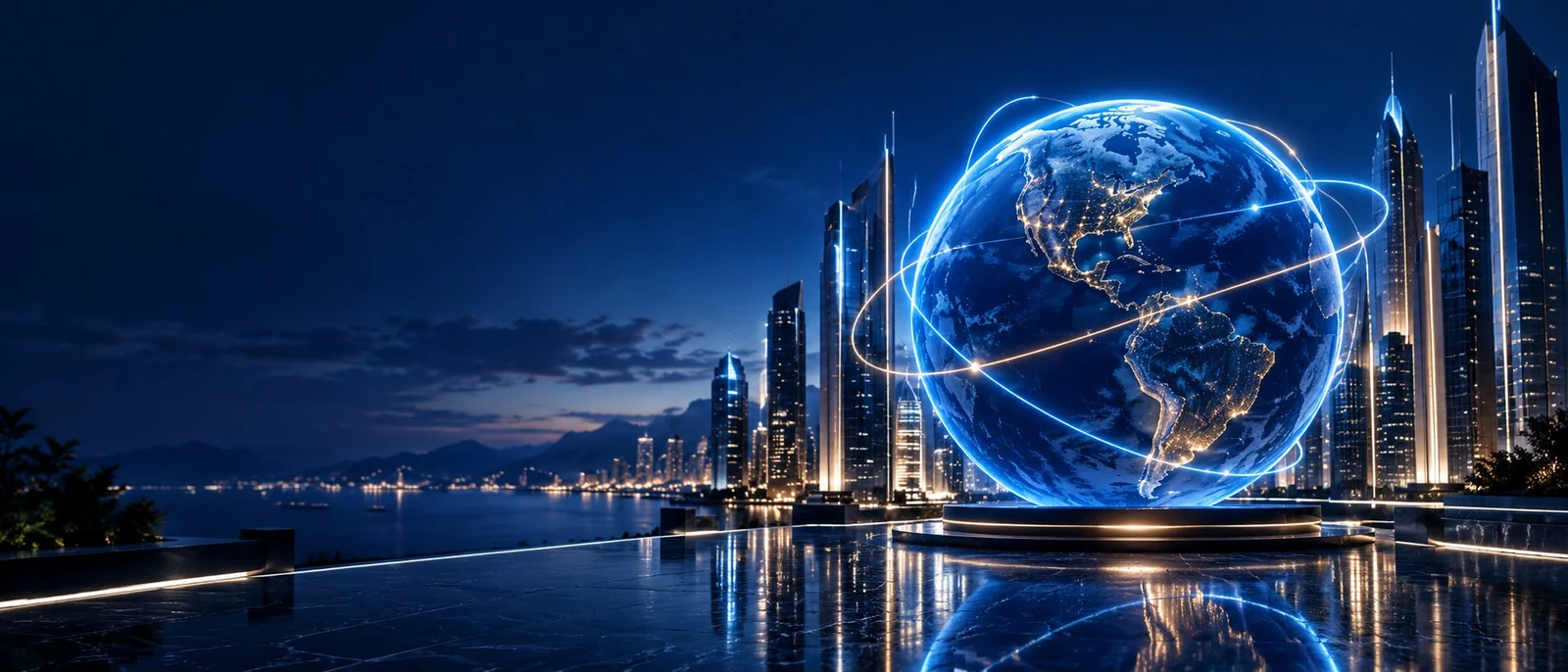 Globo digital luminoso con América en primer plano, rodeado de rascacielos y conexiones internacionales